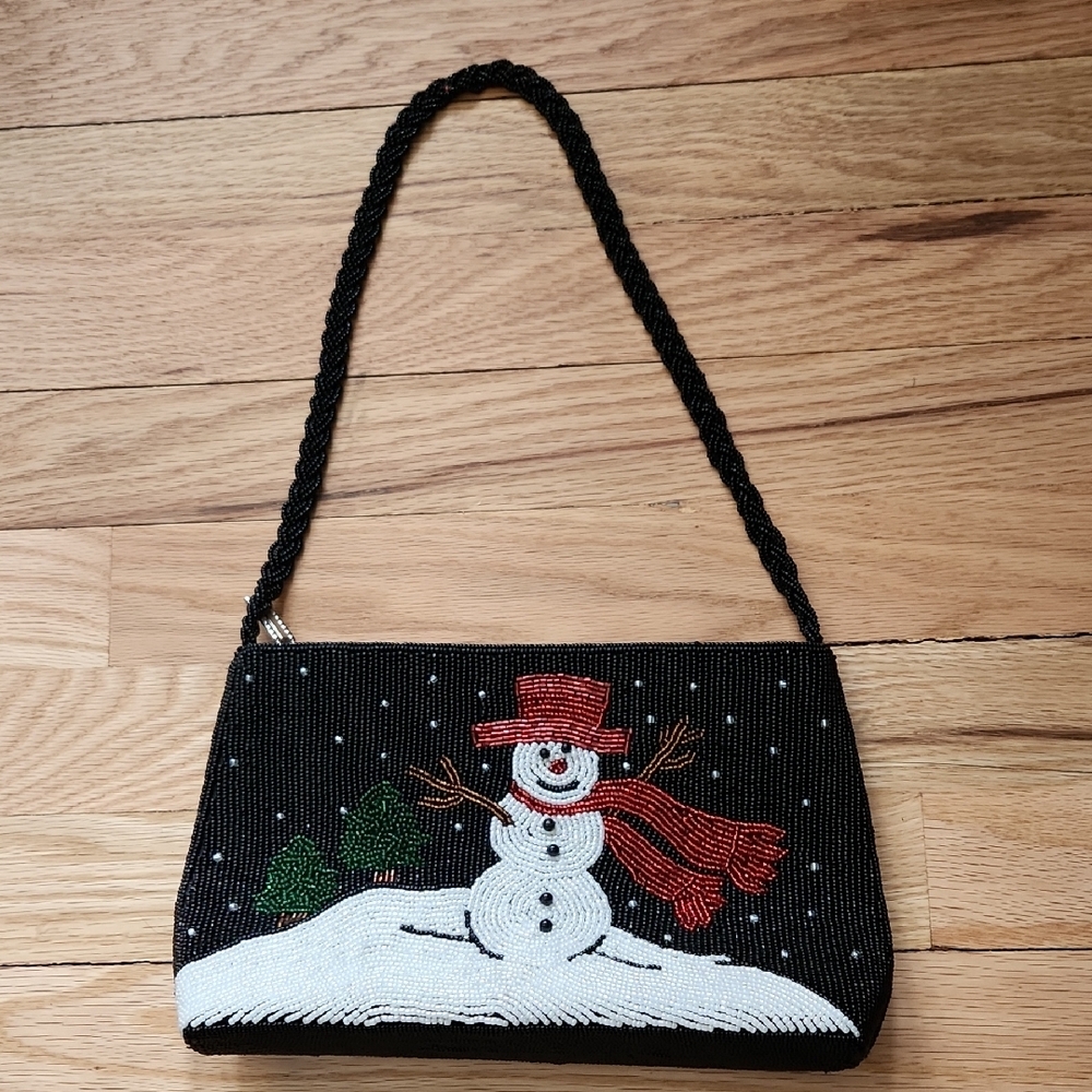Black Beaded Snowman Handbag Braided Strap Inner Zipper Pocket